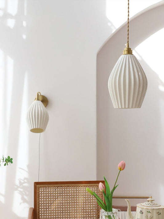 Brass Ceramic Bedside Pendant Light / Light yellow large lampshade