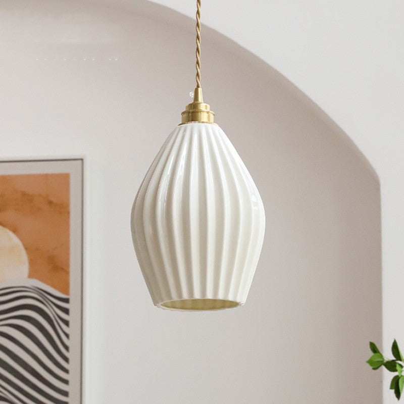 Brass Ceramic Bedside Pendant Light / Pure white small lampshade