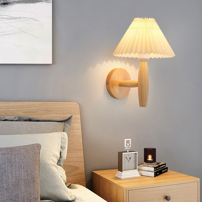 Pleated Fabric Umbrella Wall Light / E27 Delivery Warm Light / Wood Color