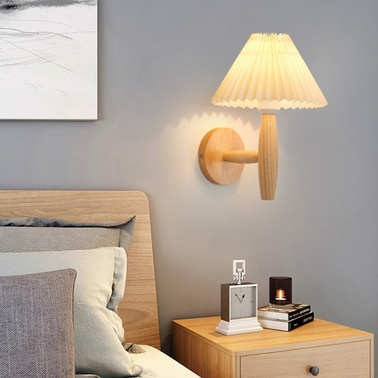Pleated Fabric Umbrella Wall Light / E27 Delivery Warm Light / Wood Color